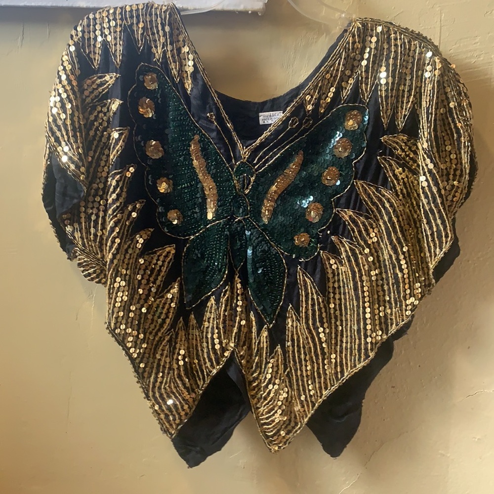Silk and sequin butterfly top